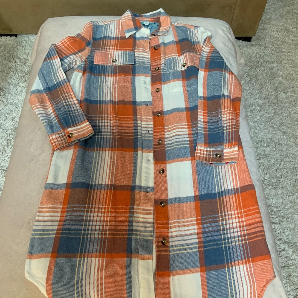 Sundance Orange Blue White Plaid M Long Shirt Dress or Jacket Coastal - Picture 4 of 10